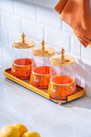 Passifolia 4 Parça Tepsili Cam Baharat Kavanoz Seti Turuncu