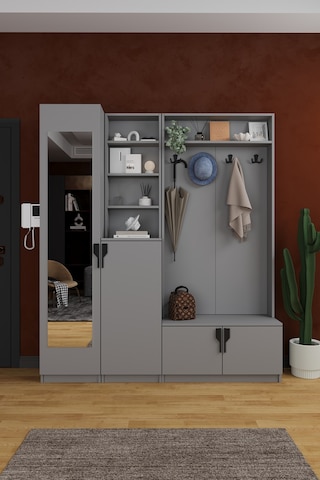 Lüks Aynalı Portmanto Askılı Vestiyer %100 Mdf Çok Raflı Ayakkabılık V03 Kül Gri