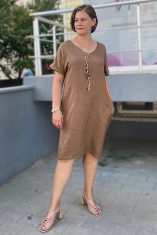 Mia Butik Büyük Beden Kahve Kolye Hediyeli Salaş Elbise Kahve
