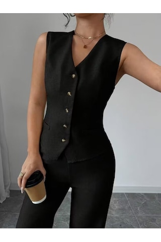 Efnaz Style Kadın Askılı Önden Düğmeli Bluz Ve Pantolon Keten Ikili Takım Siyah