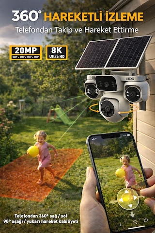 4 Kamera 20mp 360 Açı 4g Sim Kartlı Güneş Enerjili Güvenlik Kamerası 128gb Sd Kart Ve 100gb İnternet