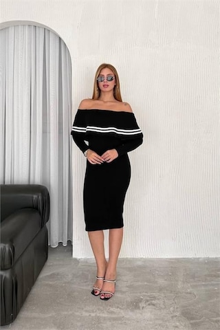 Dip Moda Kadın Carmen Yaka Çizgi Detaylı Triko Elbise Dpnbk2192 Siyah
