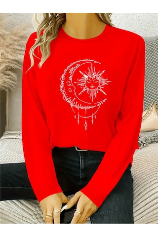 Pazarella Kadın Uzun Kollu Bisiklet Yaka Ay Baskılı Viskon Bluz Kırmızı