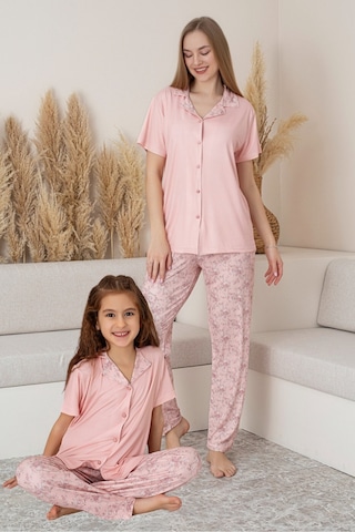 Anne Kız Kombin Çiçekli Kısa Kollu Gömlek Pijama Takımı Anne Kız Ayrı Satılır Pembe