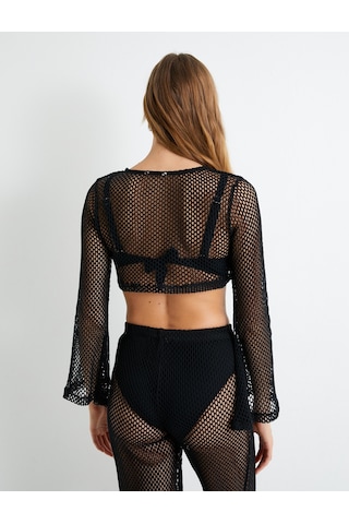 Koton Oversize File Büstiyer Crop Uzun Kollu Bisiklet Yaka Siyah 4sak90002mk Siyah