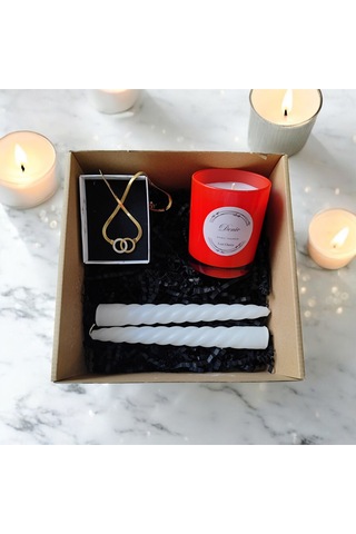 Denic Hediye Seti Kokulu Kırmızı Bardak Mum Halka Kolye Beyaz Burgulu Mum