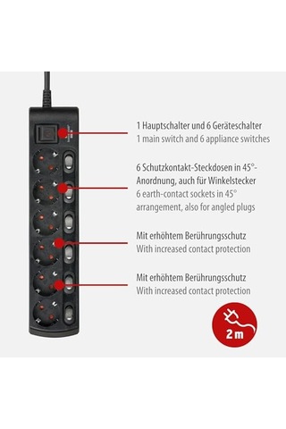 Anahtarlı 6 Soketli Güç Şeridi Priz 2 Metre Siyah 0