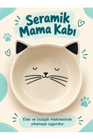 Kedi Yüzü Desenli Seramik Mama Ve Su Kabı Kedi Kulaklı