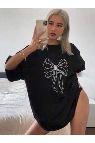 Modi Baskılı Oversize T-shirt - Siyah Açık Siyah