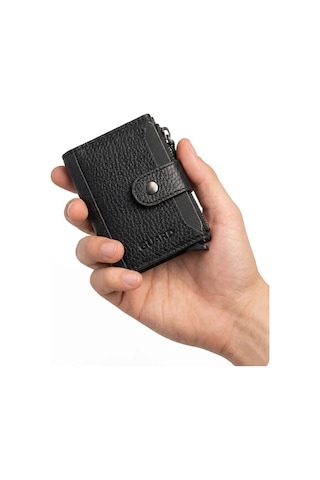 Guard Leather Mekanizmalı Hakiki Deri Kartlık Cüzdan Patlı, Fermuarlı Bozuk Para Bölmeli, 10 Kart Kapasiteli, Siyah Çok Renkli