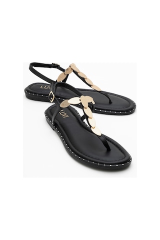 Luvishoes Luvi Shoes Marea Siyah Hakiki Deri Parmak Arası Gold Tokalı Kadın Sandalet Siyah