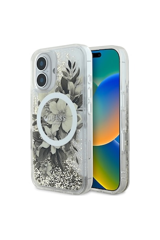 Apple Uyumlu iPhone 16 Plus Kılıf Guess Lisanslı Magsafe Şarj Özellikli Sıvılı Simli Çiçek Desenli Bej