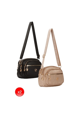Kadın Çapraz Askılı Günlük Siyah Ve Vizon Omuz Çantası 2 Adet Siyah - Vizon