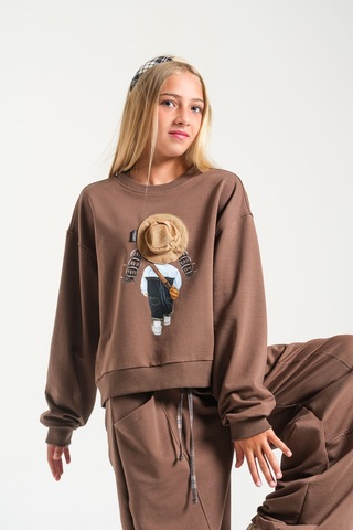 Loco Loco Kahverengi Baskılı Şapka Aksesuarlı Çocuk Sweatshirt