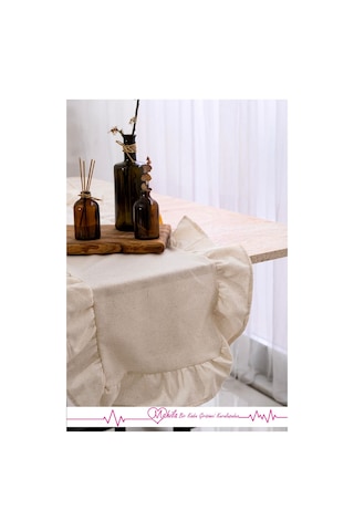 Düz Bej 40x125 Şık Tasarım Ekstra Büyük Fırfırlı Runner, %100 Keten Runner Bej