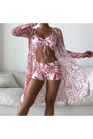 Kadın Mayo Yüksek Bel Bikini Seti Üç Adet Kadın Uzun Kollu Cover Up Mayo Plaj Mayo Pembe