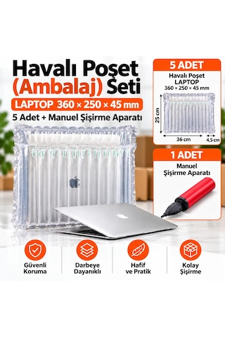 Havalı Poşet Ambalaj Seti 5 Adet Laptop 36cm X 25cm X 4.5cm + Şişirme Aparatı