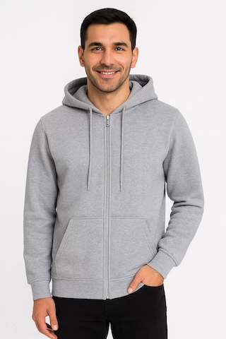 Erkek Üç İplik Kapüşonlu Tam Fermuarlı Kanguru Çepli Sweatshirt Hoodie - Gri Gri