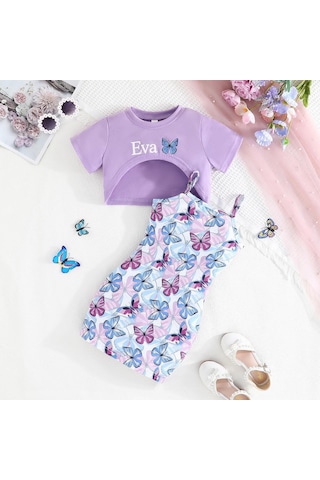 2-7 Yaş Çocuk Takımı Yaz Yeni Tatlı 2 Parça Günlük Hanım Tarzı Kısa Kollu Kayık Yaka Üst + Kelebek Baskılı Askılı Etek Mor