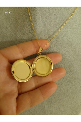 Yuvarlak Açılır Fotoğraf Konulabilen Kapaklı Solmaz Paslanmaz Çelik Kolye Gold