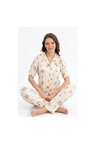 Hepsine Rakip Kadın Düğmeli Kısa Kollu Uzun Alt Pijama Takımı Ayıcık Desenli 7515 Ekru