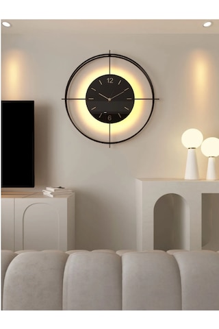 MetaQuartz Aksesuar (Büyük Boy-55*55 cm)Siyah Deluxe Siyah Camlı Ledli Modern Saat Siyah