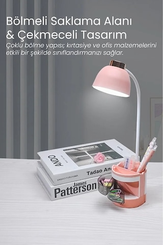 Göz Korumalı Led Masa Lambası Mavi Işık Filtreli, 4 Işık Modlu, Telefon Tutuculu, 360 Esnek Gövde Pembe