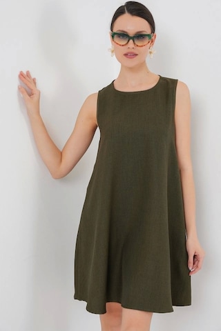 Defymoda 2444 Mini Keten Elbise - Haki Haki
