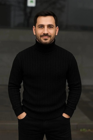 Erkek Fitilli Triko Kazak 2'li Set Bebek Mavisi Siyah Regular Balıkcı Yaka Tam Boğazlı Triko Seti Mo Bebek Mavisi - Siyah