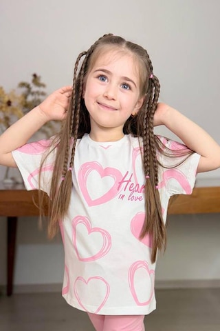 Riccotarz Kız Çocuk Pano Kalp Baskı Bisiklet Yaka T-shirt Kargo Cepli Alt Pembe Eşofman Takım Beyaz
