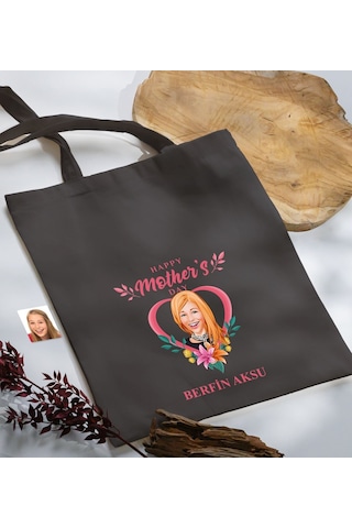 Bk Gift Kişiye Özel Anneler Günü Karikatürlü Antrasit Kumaş Bez Çanta, Baskılı Omuz Çantası, Alışveriş Çantası, Anneye Hediye-5 Antrasit