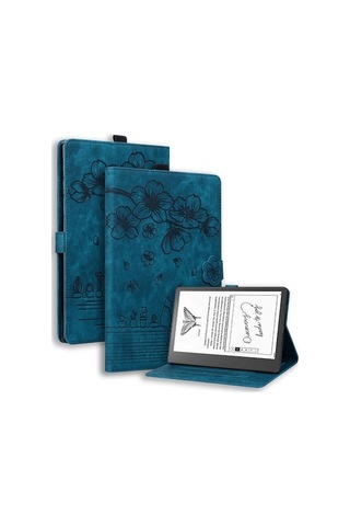Suofeng Kindle Scribe 10.2" 2022 İçin Deri Korumalı Kılıf - Basılı Kart Tutucu Ve Stand Özellikli Mavi Tablet Kılıfı