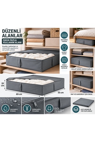 Gri Kumaş Saklama Hurcu 69x55x19 Cm Dolap İçi Düzenleyici Büyük Boy Kıyafet Ve Battaniye Organizer