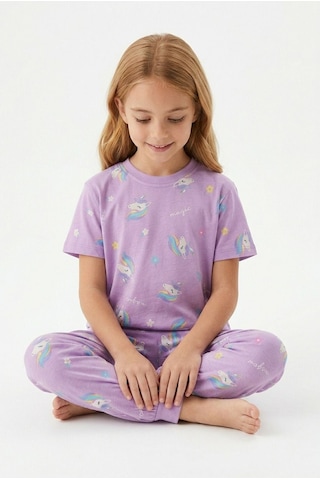 Bunny Hopp Bunnyhopp Kız Çocuk Pijama Takımı Pamuk Unicorn Desenli Yazlık Kısa Kollu Lila