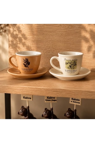 Art Porselen Espresso Fincan Takımı, 2'li Set, 90 Cc, Kahve Temalı Botanik Desenli Bej Çok Renkli