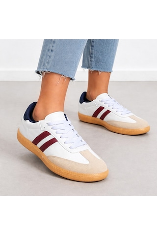 Kadın Spor Ayakkabı Beyaz Sneaker Bordo Çizgili Günlük Rahat Kaymaz Taban Bağcıklı