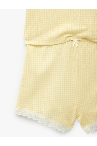 Koton Dantel Detaylı Rahat Kalıp V Yaka Pamuklu Askılı Şortlu Pijama Takımı Sarı Ekose 6slk40200mk Sarı Ekoseli