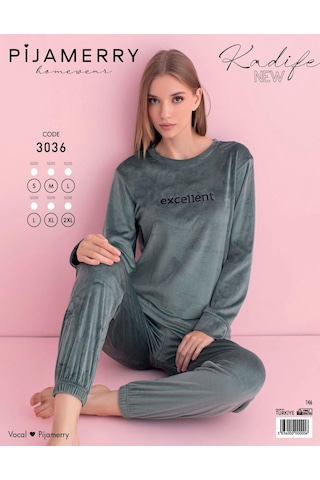Pijamerry Kadın Kışlık Bisiklet Yaka Kadife Pijama Takımı 3036y - 1 Adet Yeşil