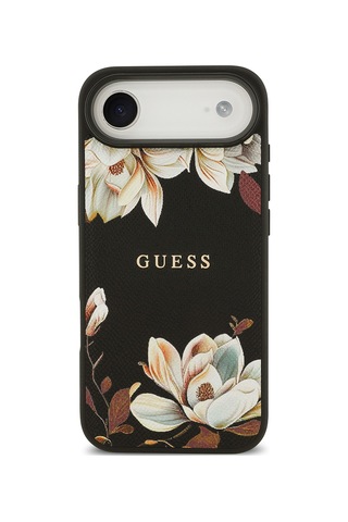 Apple Uyumlu iPhone 17 Air Kılıf Guess Lisanslı M-safeli Taneli Çiçek Tasarımlı Metal Yazı Logolu Siyah Siyah