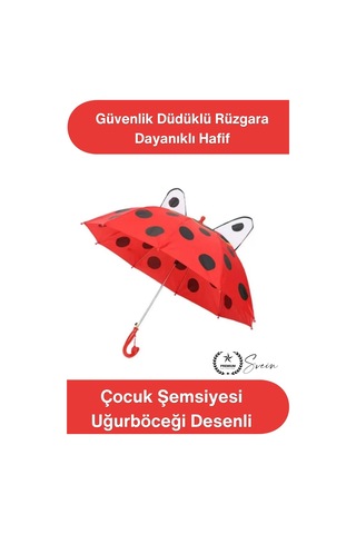 Svein Şemsiye Kaliteli Çocuk Şemsiyesi Uğurböceği Desenli Güvenlik Düdüklü Rüzgara Dayanıklı Hafif Çocuk Kırmızı