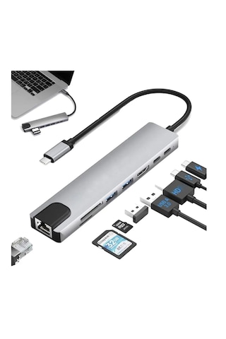 Apple Uyumlu MacBook Dönüştürücü Çoğaltıcı 8 İn 1 Type-c Hub - Hdmı - Usb 3.0 - Ethernet - Sd Tf Kart Okuyucu