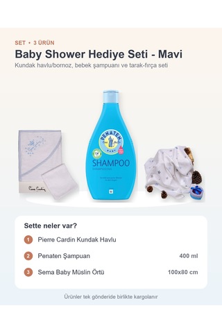 Baby Shower Hediye Seti 3 Parça: Pierre Cardin Kundak Havlu + Şampuan + Sema Baby Müslin Örtü - Mavi