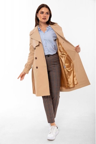Pastelastore %100 Pamuk Gabardin Midi 95cm Astarlı Kemerli Kadın Trençkot 1113 Açık Bej