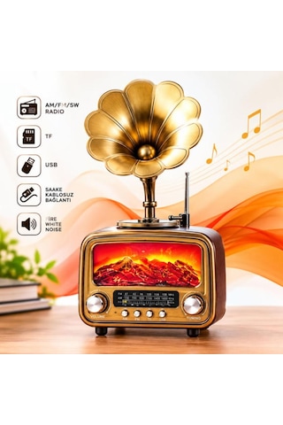 Everton Rt-422 Bluetooth Fm-usb-tf-aux Şarjlı Nostaljik Radyo Gramafon Alev Ambiyans Işığı Şömine Çıtırtı Sesli