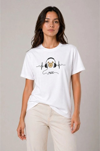 Wear Vexel Kadın Müzik Temalı Baskılı Tişört Bisiklet Yaka Kısa Kol T-shirt - Beyaz Beyaz
