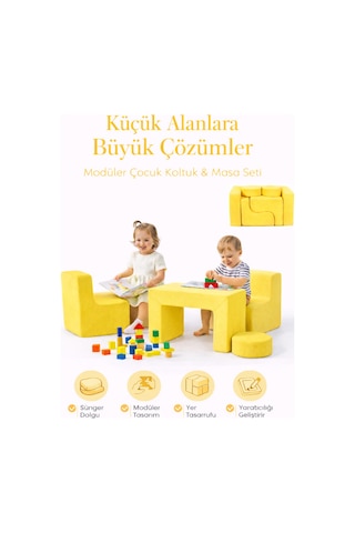 Modüler Çocuk Çalışma, Oyun Ve Etkinlik Masa Sandalye Takımı Sarı