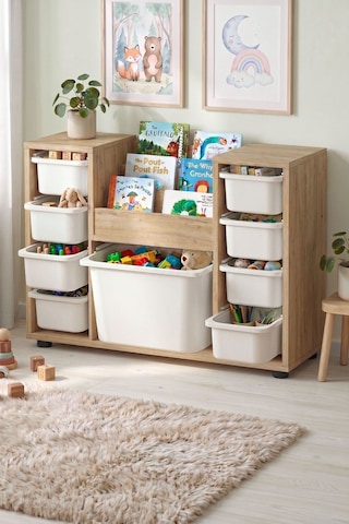 9 Sepetli Dolap Oyuncak Dolabı Çok Amaçlı Dolap Montessori Kitaplıklı Aden Safir Meşe