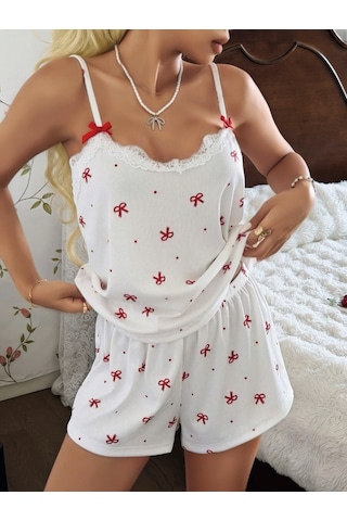 Motto10 Butik Kadın Ekru İnce Askılı Şortlu Pijama Takımı 5244