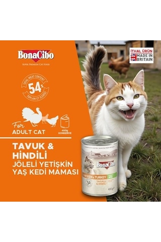 BonaCibo Jöleli Tavuklu ve Hindi Etli Konserve Yetişkin Kedi Maması 6 x 400 G