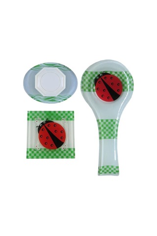 Cam Gider Kapağı + Cam Kepçe Altlığı Kaşıklık + Cam Sabunluk 3Lü Set